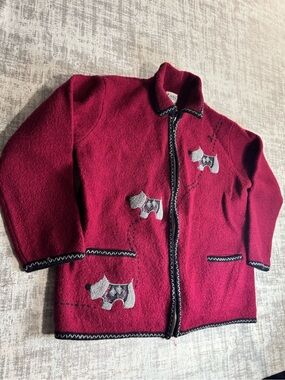 VTG 80s Tabi International Wool Burgundy Dog Appliqué Jacket Size XL 26x22.5